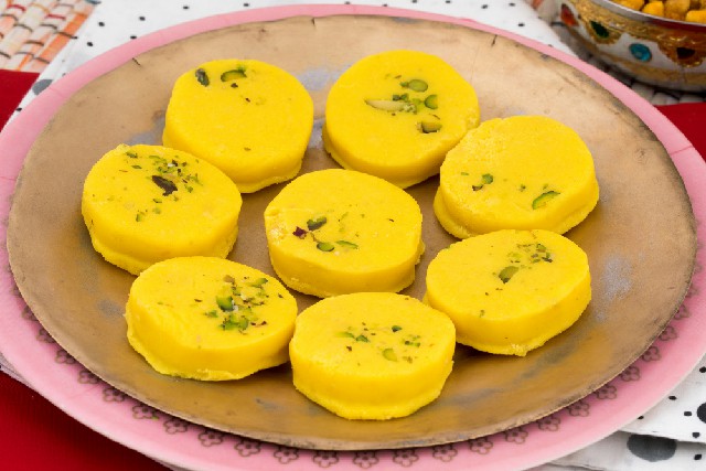 kesar peda on the plate.