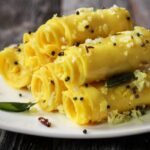 khandvi in white color plate.