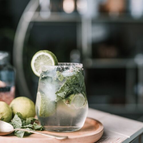 mint mojito in glass with mint leaves and lemon slice.