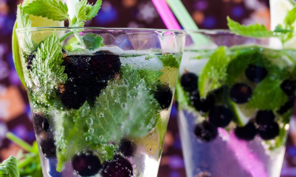 Blackcurrant mojito in glass with mint leaves, straw and lemon slice.