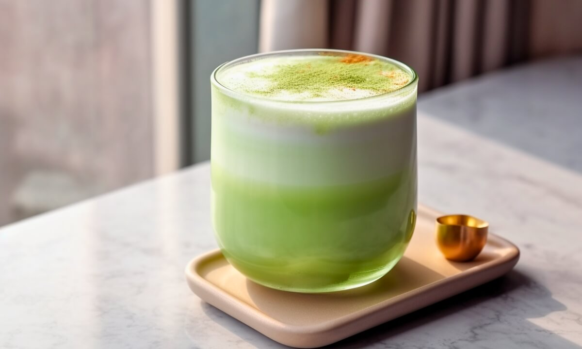 A glass of Pandan Latte drink